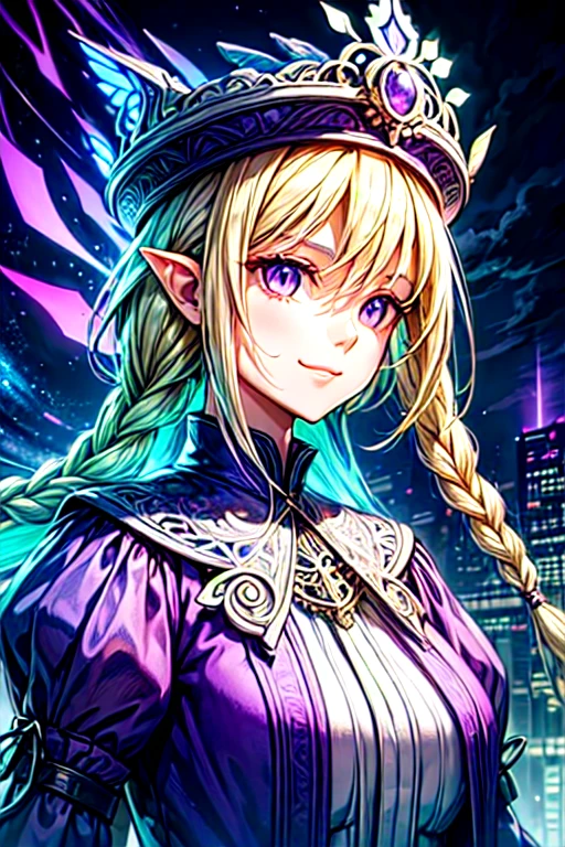 (highest quality:1.4), (Intricate details:1.2), Surreal, Digital Art,   1 girl, Adult (Elf:0.7) woman,  Purple eyes, Natural blonde waterfall braids,
(Character Focus:1.1), Portraiture, alone, Half Shot, Detailed Background, Detailed face, (Neonpunkai, Neon Theme:1.1), Aristocratic Pose, smile, dominant class, Elegant attire, Elegant hat, Look up at the floating (Cloud City:1.1), Utopia&#39;s Sky City, Floating Platform, Floating buildings, dome,     Clouds in the background, Background Birds, The wind is blowing, Spectacular atmosphere,  Dark starry sky,