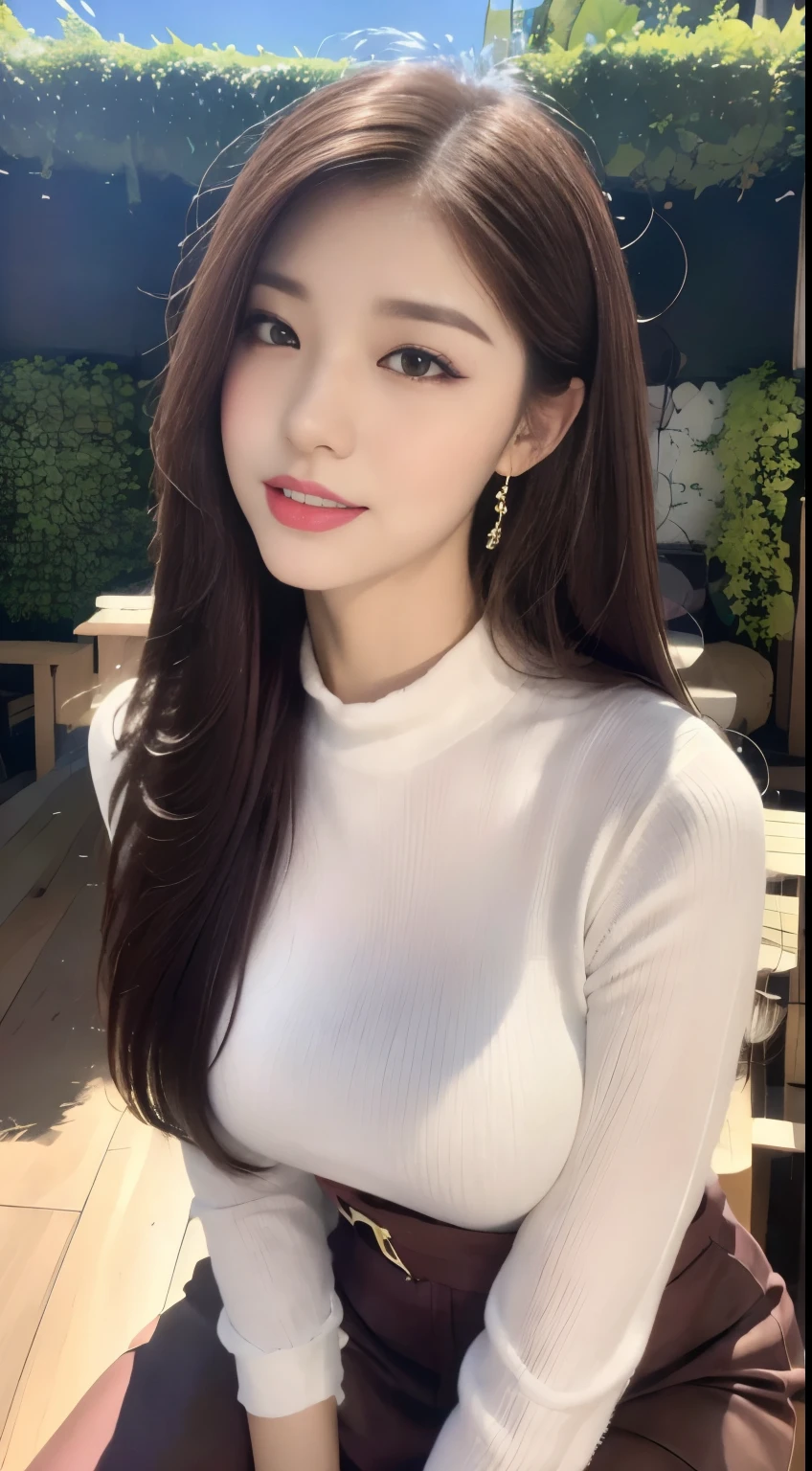 ((highest quality, 8k, masterpiece :1.3)), One girl, Open your mouth, A very affectionate smile:1.1, Red lipstick:1.2,Dark lipstick:1.2,Slim face, Beautiful woman, Big Breasts:1.3, Highly detailed face, double eyelid, spring, sunny, null, nature,garden,cherry blossoms,looking at the camera,White loose blouse,Purple tight skirt,(masterpiece: 1.3), (Maximum resolution: 1.4), (Ultra high definition: 1.2), Cinematic Light, Ultra high definition, (Detailed eyesと肌), (Detailed facial features), 8k resolution, Perfect Style, Beautiful expression、Highly detailed face and skin texture、Detailed eyes、Glitter Eyeliner:1.2、Thin cheeks、((Pure white skin:1.1)),Glossy Lips:1.2、((Full Body Shot:1.2)),(Straight Hairstyles、Light brown hair)、One-length long hair、175cm,From above