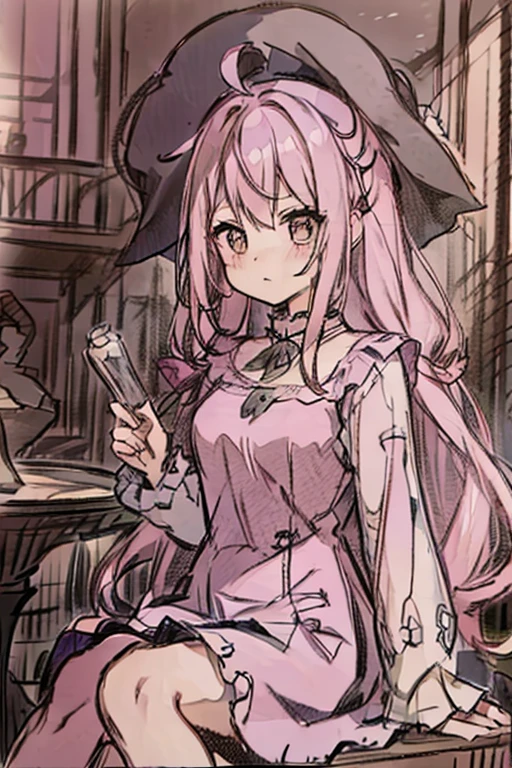 A pink haired woman with violet eyes with an hourglass figure in a gothic rockabilly dress is sitting on the edge of a fountain