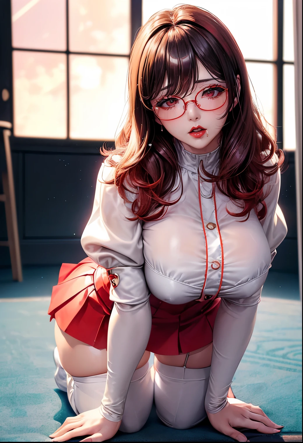 Korean idol girl Mature Woman Short wavy blonde hair with bangs (Bright red rouge lips) Big Breasts 超Big Breasts Chubby Plump Big Butt Wet ass ((Rimless glasses)) Big eyes ((White blouse)) ((Shiny enamel tight skirt)) ((Knee-high boots)) garter belt 8K Photorealistic Dark basement ((Turn around and make eye contact)) ((stick out your butt on all fours)) ((Depiction from directly below)) bedroom look down