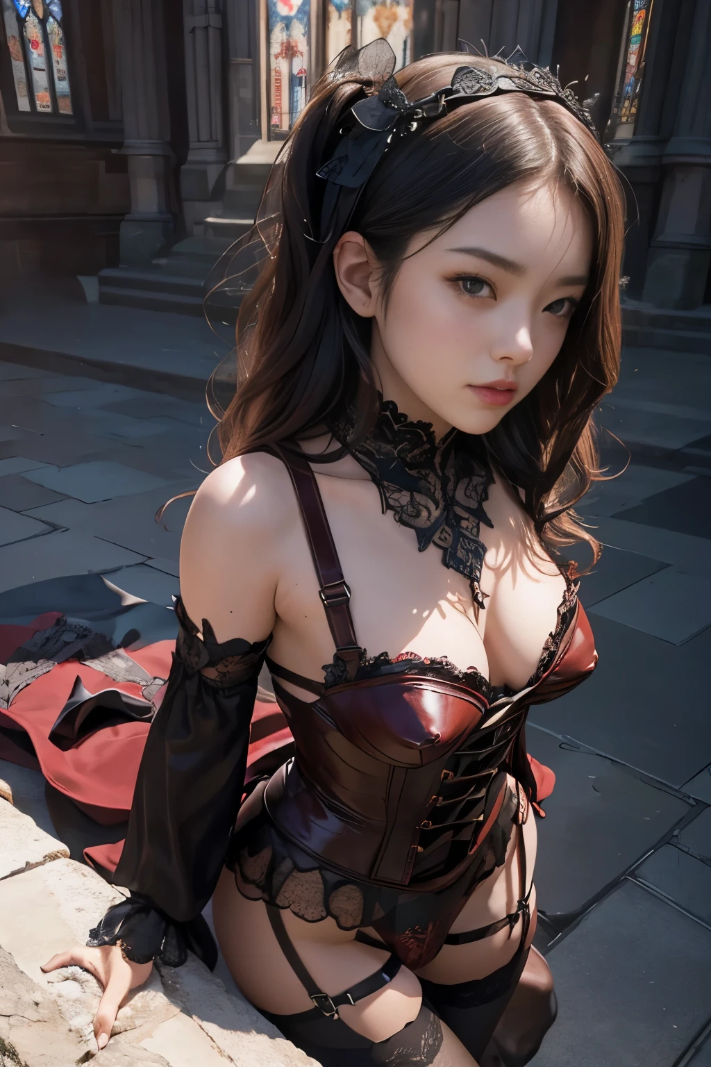 highest quality, masterpiece, Ultra-high resolution, (Reality: 1.9), (((Absolute full-length image,Front view))),Japan Maiden 、 ((Ultra-Realistic Details)) 、 Portrait 、 Global Illumination 、 Shadow 、 Octane Rendering 、 In 8K 、 Ultra Sharp 、 ( Crimson leather corset and panties、garter belt)、 ((Bondage and Gothic ta)) 、Intricate decorative details 、 Cool colors 、 Gothic Lolietails 、 Very intricate detail 、 Realistic Light 、 CG Trends、Sparkling Eyes、Facing the camera、Small breasts、Full body upright pose、The background is the cathedral