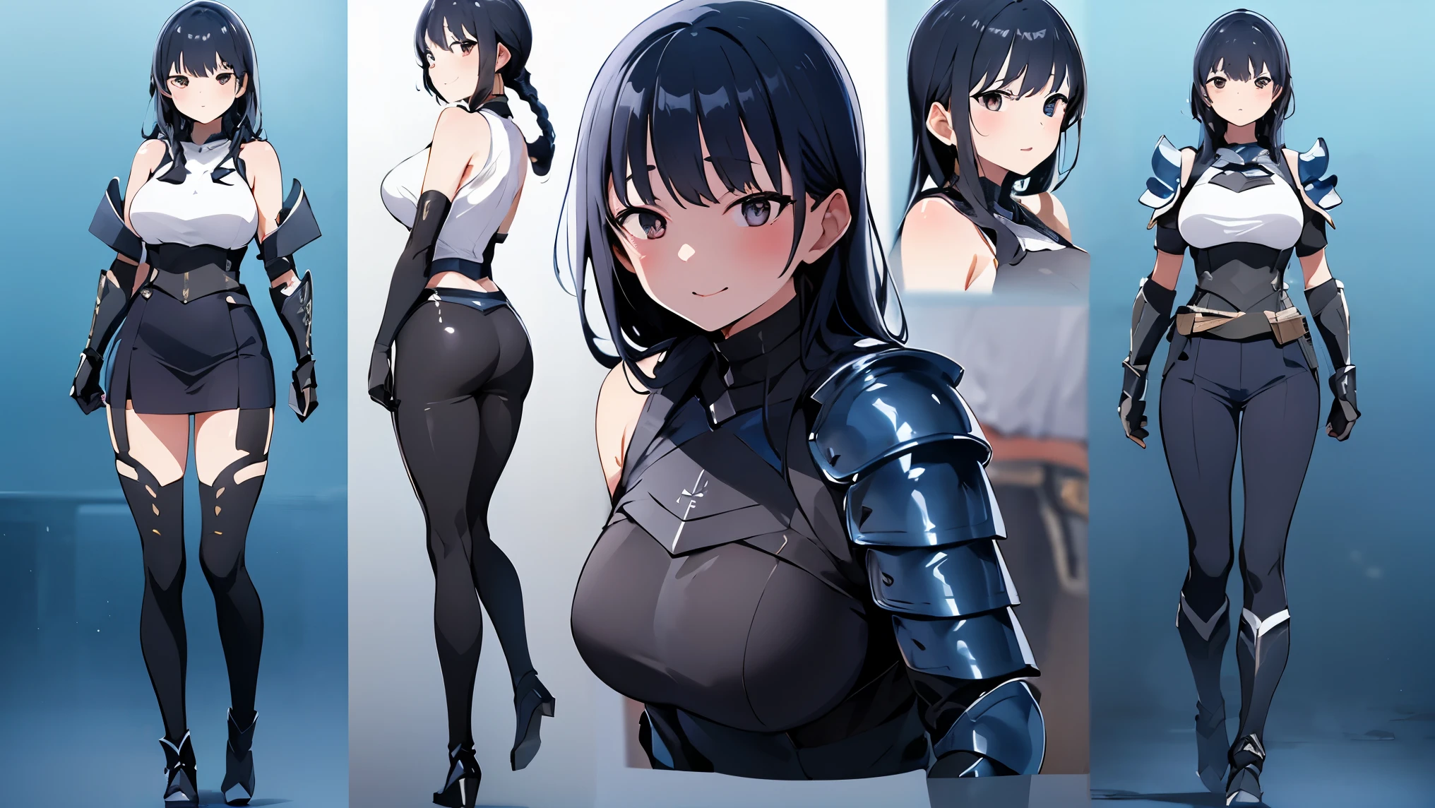 AnnaYamada, blue hair, brown eyes
BREAK (armor, gloves, shoulder armor, braid, black gloves, pauldrons, white boots:1.2),
BREAK (multiple views:1.5),from behind,from_front,(blue background:1.3),(full body:1.4),arms at sides,
BREAK (masterpiece:1.2), best quality, high resolution,unity 8k wallpaper, (illustration:0.8), (beautiful detailed eyes:1.6), extremely detailed face, perfect lighting, extremely detailed CG, (perfect hands, perfect anatomy),