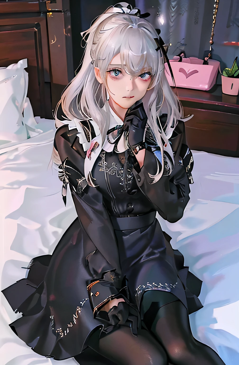 (((1 girl)),Ray Tracing,(Dim lighting),[Detailed Background (Bedroom)),((Silver Hair)),((Silver Hair)),(Fluffy Silver Hair, Plump and slender girl)) Raised ponytail)))) Avoid blonde eyes in the ominous Bedroom ((((Girls、She wears intricately embroidered black high-waisted pants and pantyhose.。) White frilly ribbon gloves), Showing off a delicate, slim figure and graceful curves, Correct limbs, Sitting on the bed、8K、Perfect female body、Red line clothes、8K、High quality、Naughty fashion、Big Breasts、Eros、Lingerie、Pink outfit、bikini