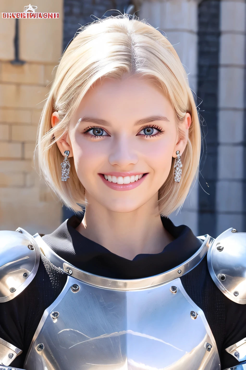 8K、highest quality、female knight、Luxurious Silver Armor、、hairstyle short cut、smile、beautiful teeth、full body photo、ear piercing、blonde、white woman、blue eyes、heavy makeup、The background is inside the castle