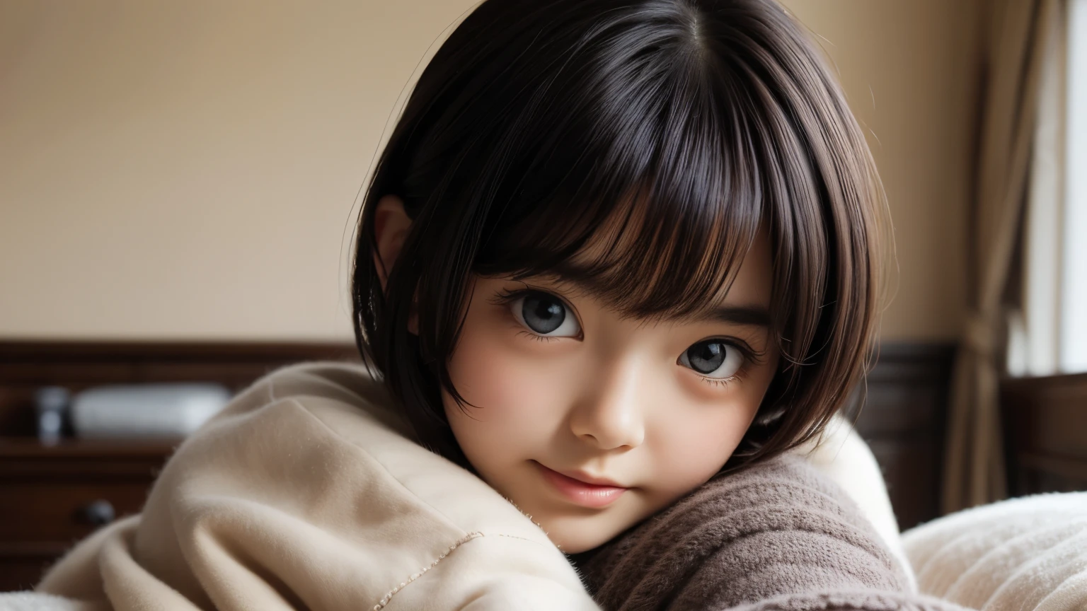 ((sfw: 1.4)), detailed face, cute face,brown eye, , extra short hair, sidelocks-hair, master piece ,lie , pillow hug dakimakura (object) , master piece , best quality , detailed , (matured female) , blouse , japanese , room , indoor