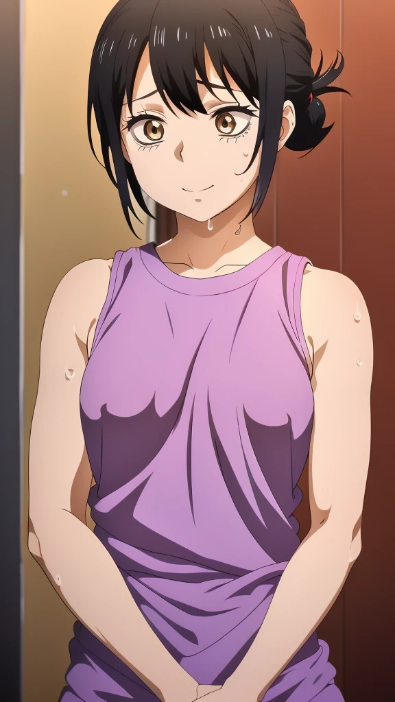 a picture, inspired by Kentaro Miura, trending on pixiv, Yotsuya Miko, Mieruko chan, favorite scene, fine details, skins, sweating, small breasts, both hands raised, armpits, armpits visible, dripping with sweat, more more sweat, sweaty armpits, smile