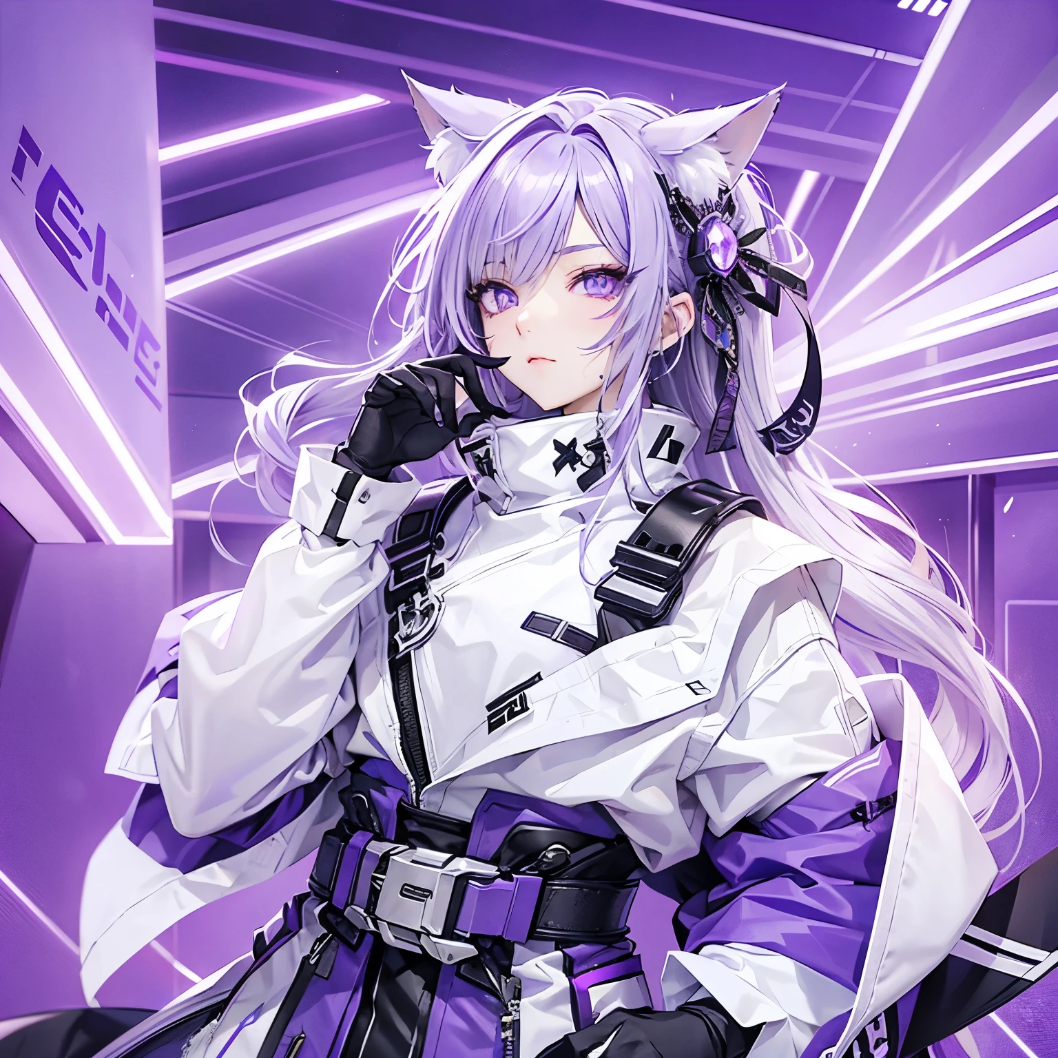 male、Cyber Cat Ears、Purple eyes、Silver Hair、Long nape、Visual Kei