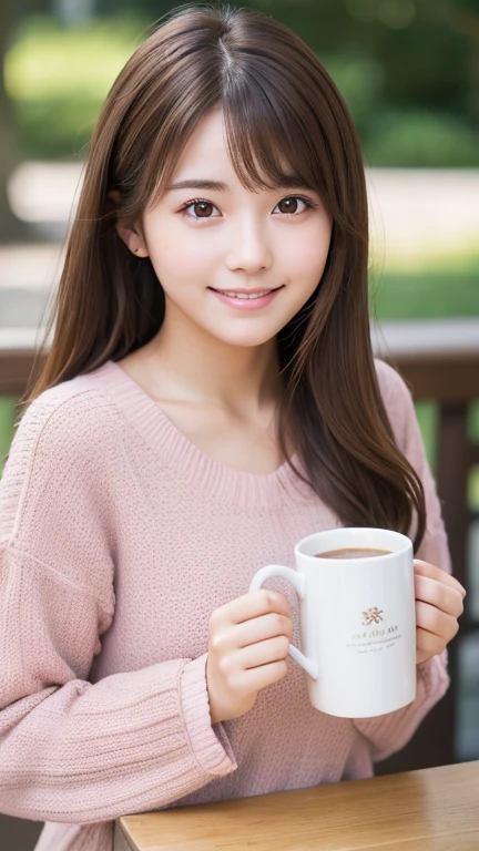 Brown Hair,Medium Hair,20-year-old female, With the correct face, Cute natural smile, Japanese facial features, A clean and cute face, Realistic portraits, 8K Photo, Soft Makeup,Natural skin texture,Raw photo,highest quality,Full Body Shot,Drinking coffee,Pink clothes,Refers to 5 books