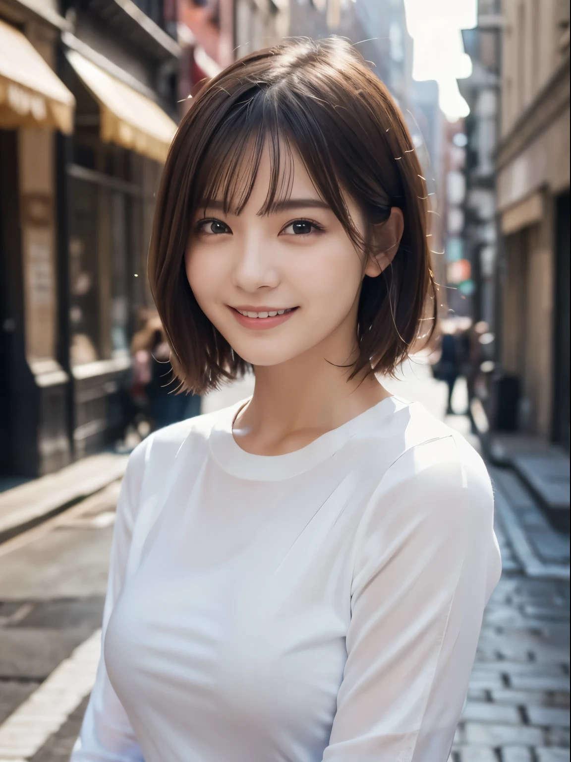 highest quality, Ultra-high resolution, (Realistic: 1.4), (highest quality, masterpiece:1.3, Ultra-high resolution), (Very detailed, Caustics, 8k), (Realistic:1.4, RAW shooting), (I'm looking at the camera with a smile on my face), Long sleeve blouse, big, Bust up shot, street, Face Focus, Natural light, Backlight, Lens flare, Professional Writing, beautiful Eyes, Super beautiful, Very short hair, beautiful, lover, Rough chest T-shirt, beautiful Soldier, Eyes that beckon the viewer, loverの視点, Attractive expression, Sexy smile, Perfect Style, Perfect balance, Detailed skin, Mischievous Gaze, I can see your chest