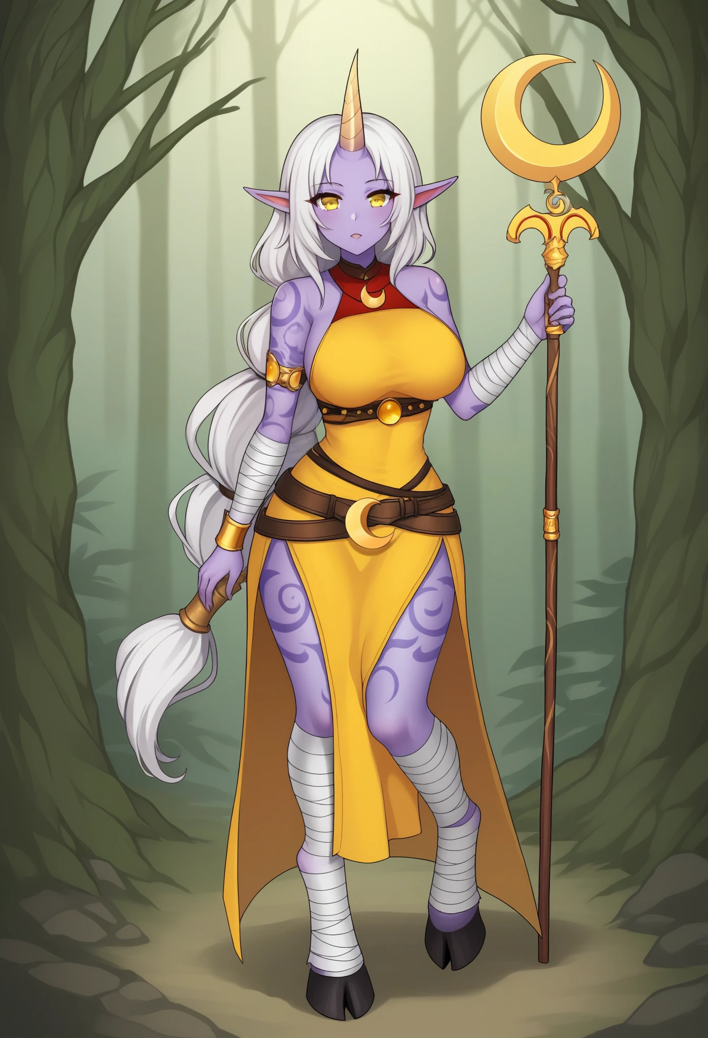 SorakaLoLXL, white hair, long hair, yellow eyes, pointy ears, single horn, body_tattoos, colored skin, (purple skin:1.2), large breasts, bandaged arm, bandaged leg,  hooves, goat hooves, (red cropped torso), yellow  dress, jewelry, belt, bare shoulders, crescent moon staff, standing, looking at viewer, forest