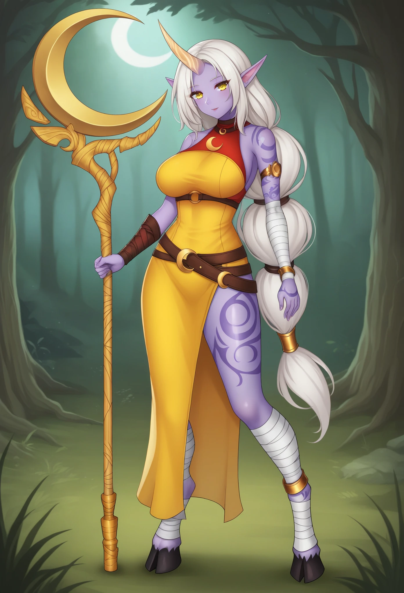 SorakaLoLXL, white hair, long hair, yellow eyes, pointy ears, single horn, body_tattoos, colored skin, (purple skin:1.2), large breasts, bandaged arm, bandaged leg,  hooves, goat hooves, (red cropped torso), yellow  dress, jewelry, belt, bare shoulders, crescent moon staff, standing, looking at viewer, forest