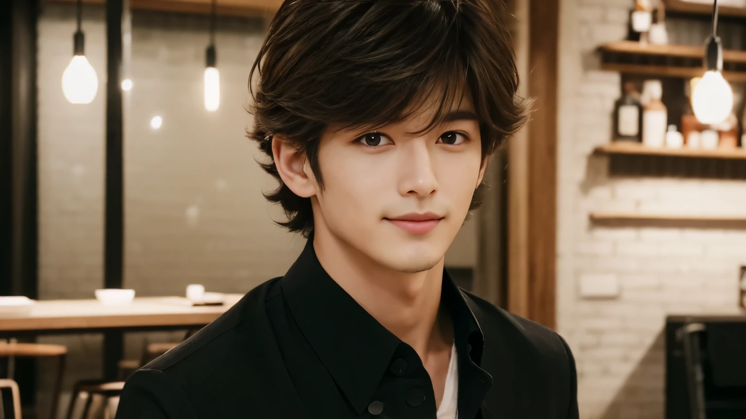 musician、A refreshing, handsome man in his 20s、(Super cool S-class boys)、Japan male, 20 years old、、Photographed inside the cafe、a handsome guy、(CG Unity 8K high resolution photo)、(Very detailedSクラスのa handsome guy性)、(Photorealistic)、(highest quality))、Very detailed、super high quality、expensive、Audience、kind person、Very beautiful hair Perm Hair、Bright photo、Handsome like a model、Handsome like an idol、looking at the camera、Inside a stylish cafe、Stubble