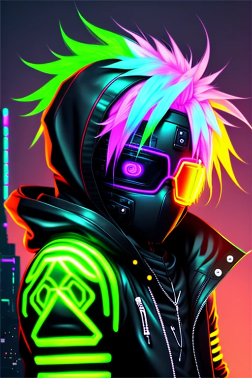 CyberpunkAI, neon, 1 boy, elf, neon hair, neon eyes, black leather jacket,sniper rifle, hood up, sneaking, mask, goggles