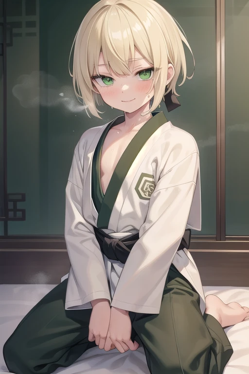 One boy, suzuya aki, nijisanji, Virtual YouTuber, Blonde,short hair,bangs,Green Eyes, (judo:1.3), (white dougi:1.4),(black obi:1.3),pants, japanese clothes ,(open clothes:1.2),Low Ponytail,otoko no ko,Flat Chest,Cowboy Shot,masterpiece,highest quality,Super detailed、,Bobcut, (Green Eyes:1.5), blonde, ,smile,blush, , blush, ,animal_Pause　,Droopy eyes,Big eyes,thin,kneeling, (steam:1.1),(wet:1.1),(trembling:1.1)