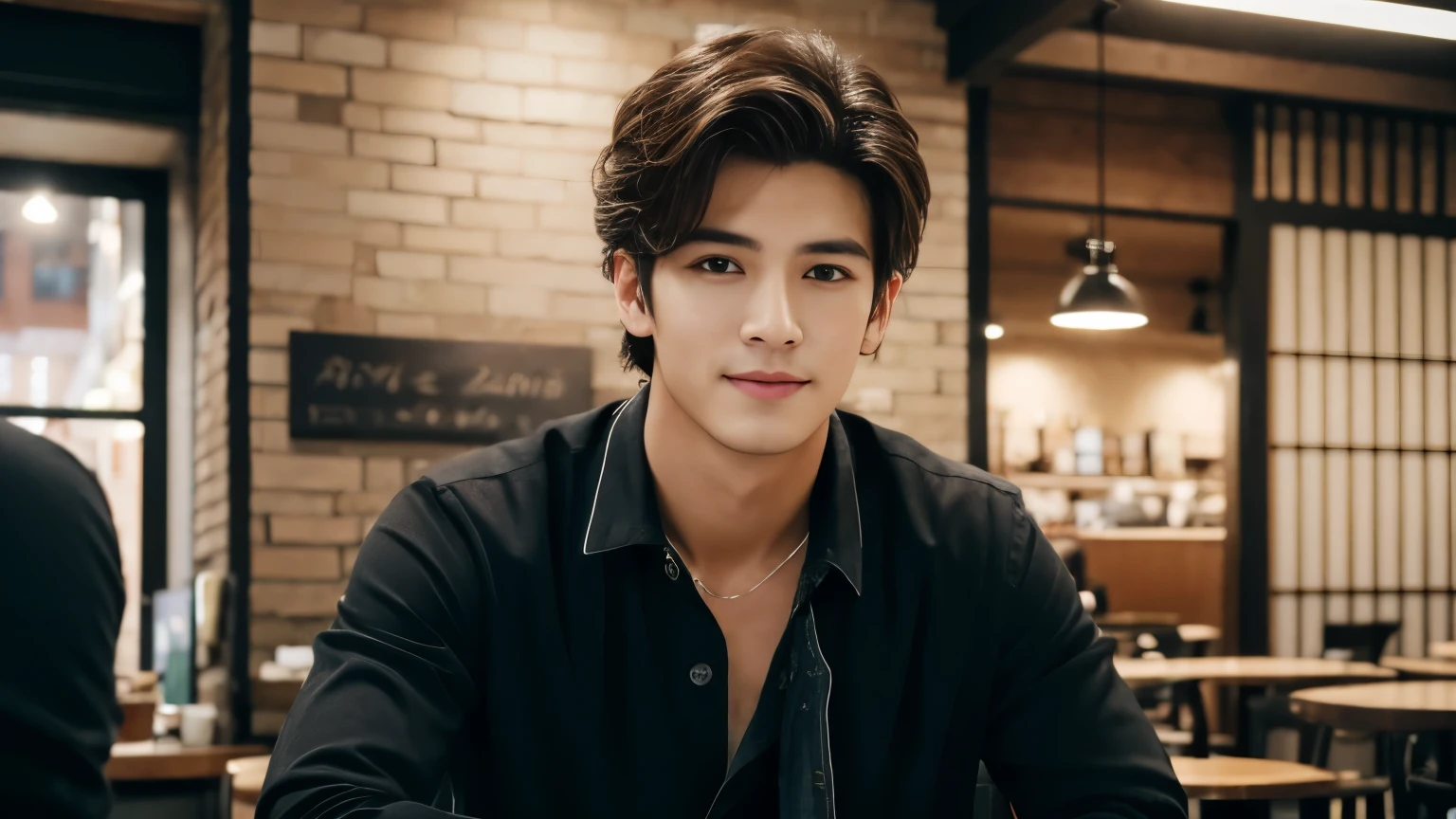 musician、A refreshing, handsome man in his 20s、（Super cool S-class boys）、Japan male, 20 years old、、Photographed inside the cafe、a handsome guy、（CG Unity 8K high resolution photo）、（Very detailedＳクラスのa handsome guy性）、（Photorealistic）、（highest quality））、Very detailed、super high quality、expensive、Audience、kind person、Very beautiful hair　Perm Hair、Bright photo、Handsome like a model、Handsome like an idol、looking at the camera、Inside a stylish cafe、Stubble