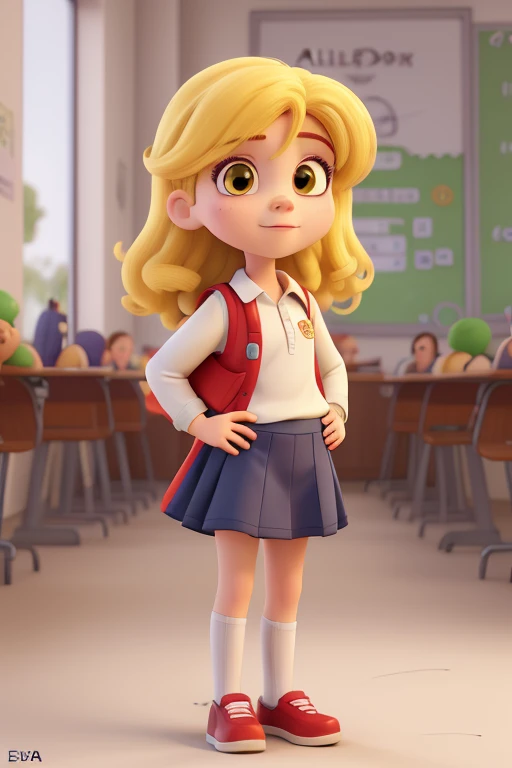 loira, child, cabelo na cor amarelo, olhos claros azuis
de 8 anos, , uniforme escolar, e colegas
uniforme escolar,, com capa de heroina, disney cartoon pixar