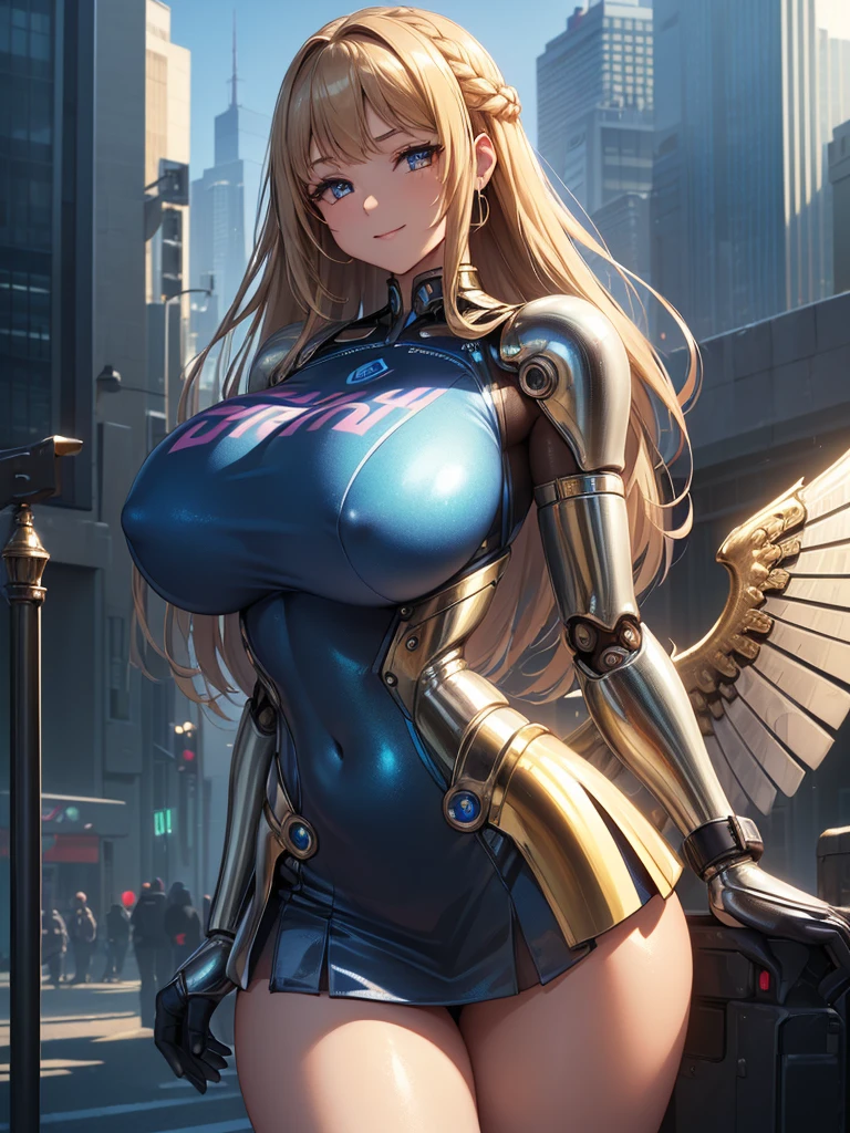 (((masterpiece))), (((best quality))), ((ultra-detailed)), (illustration), ((an extremely delicate and beautiful)), ((super detail)), ((high resolution)), (((20 years old))), metallic cloth, (cheerleader), (android), ((mechanical wings)), delicate metal decorations, gleaming skin, shiny body, two legs, breast focus, (((tall))), slender legs, ((big round eyes)), cute eyes, drooping eyes, ((adult)), two hands, five fingers, no extra hands, elegant smile, braid, medium length hair, ((metallic blue)), (see-through), (dark blonde), (ultra-huge breasts), (((safe for watch))), (shining brightly), outdoor, mini skirt, city, daytime, ((biopunk)),