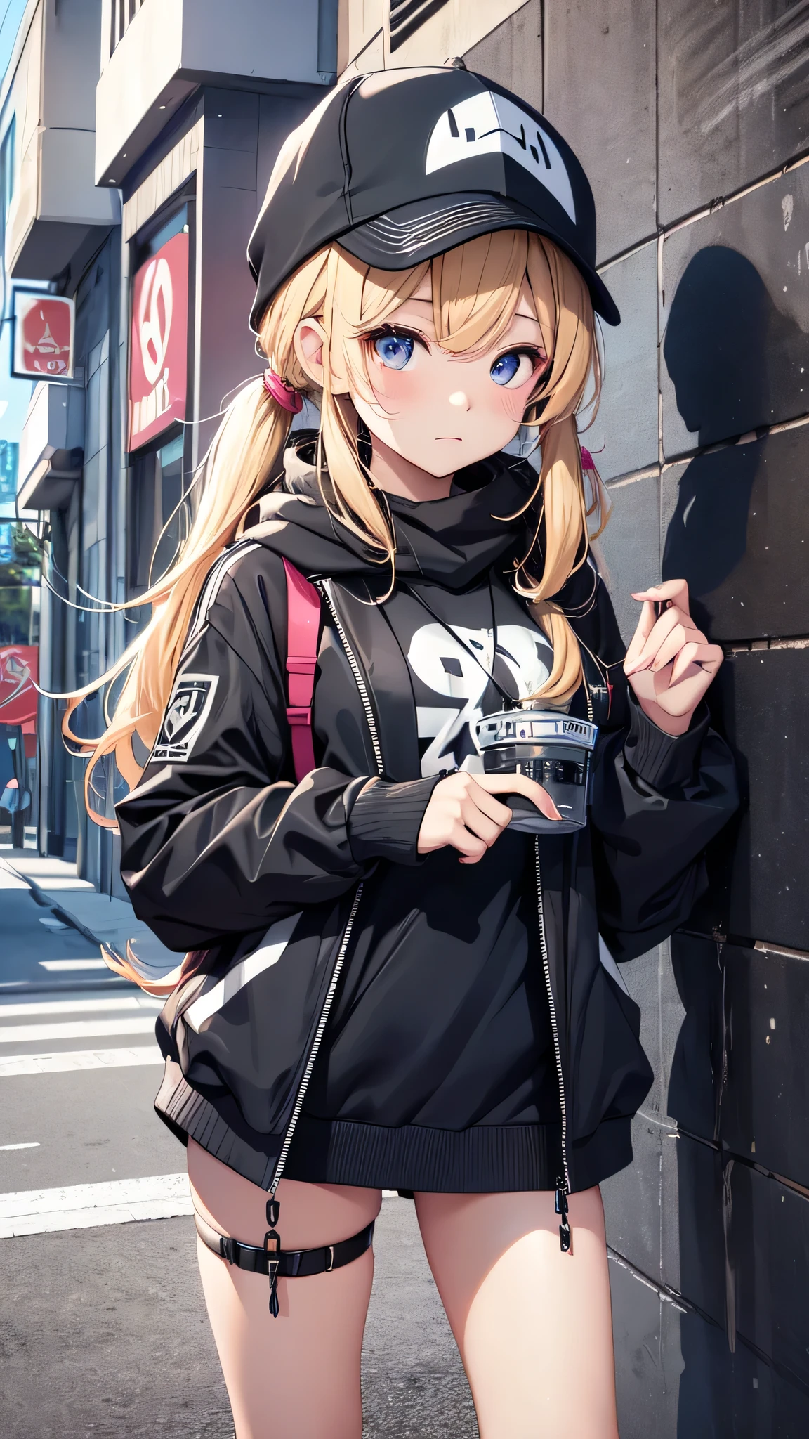 最high quality、Best image quality、masterpiece、girl((18-year-old、 By becoming、Best Bust、Medium Bust,Wide open breast tea、Red glowing eyes,Blonde、Disheveled Hair、Twin tails、thin,The highest valley、Open chest、Luminous Wristbands、hat、hair ornaments、luminous necklace、Black sleeveless hoodie(1:2)、Blue short skirt、Disheveled clothing、Show the whole body,Low - Angle、Hacker-like、sweating、lure、Black cute mask、Leaning against a wall、Black scarf、Holding a penlight、Sad face、Chain Accessories、handcuffs)),high quality、Beautiful art、background((Black Room、Black Wall、Black furniture、Big black TV、Black PC))、Flight、Flying debris、Written boundary depth、movie、Visual Arts、Perfect art、8K,Genuine,