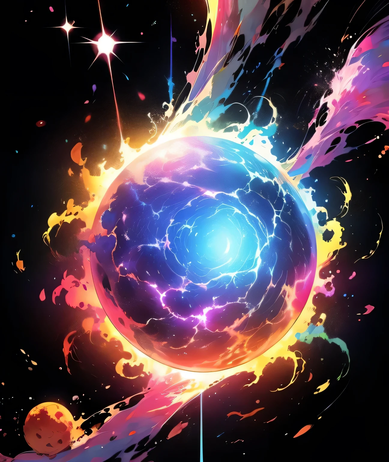 A ball of multicolored energy floating in the sky and releasing energy, void background