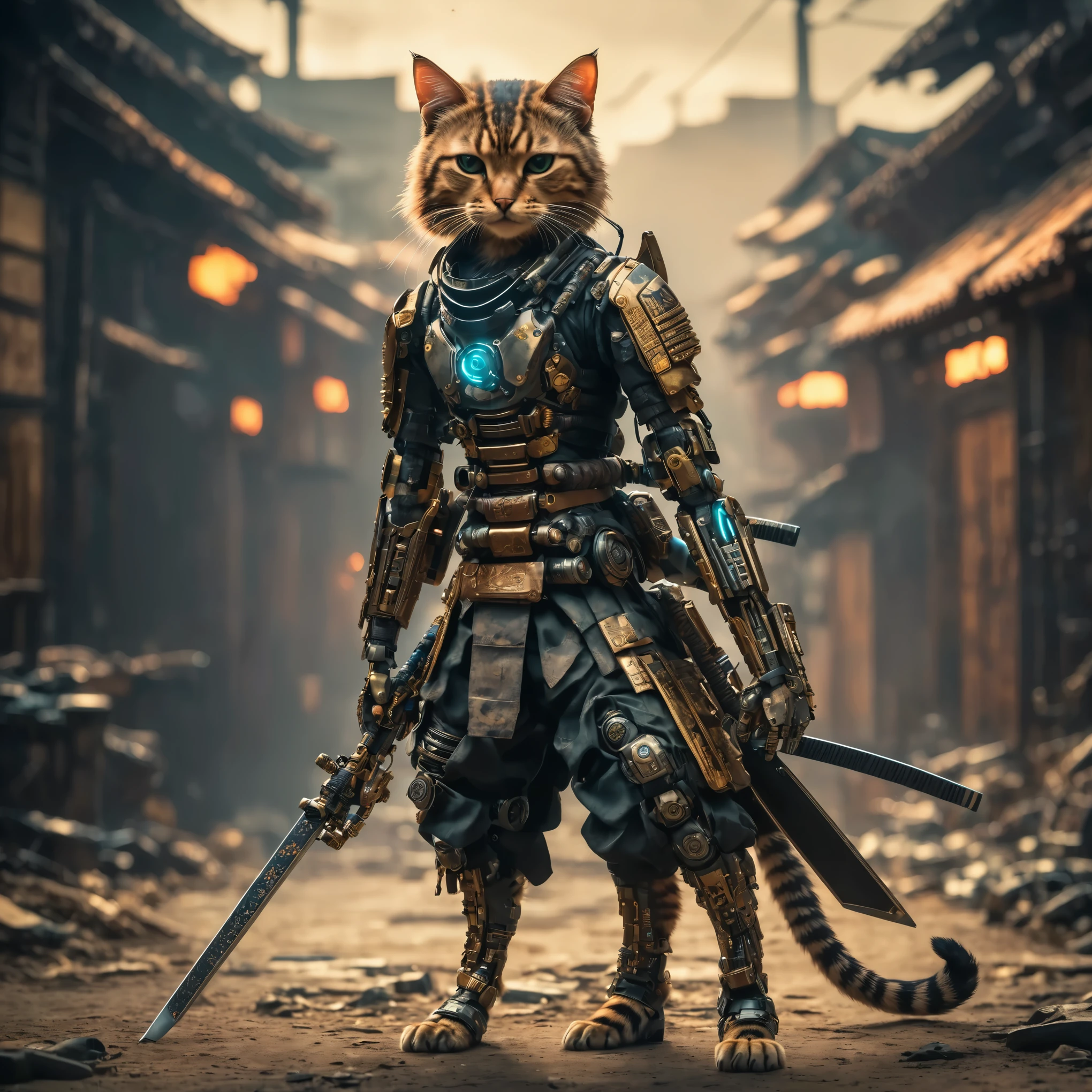 HDR full body shot photo (((The cutest young cyberpunk cyborg samurai cat in exquisite detail)))((Buy a mouse:1.2))((Post-apocalyptic background)), Fine grain, Soft bokeh, (Atmospheric light), (Revealing light and shadow), breast enhancement