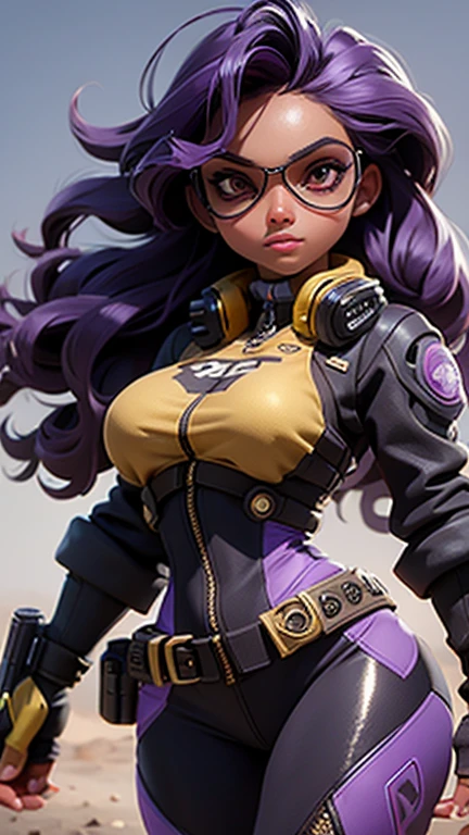 A cute girl with brown skin, sexy body, wavy purple hair [with shades of black], golden eyes (shiny), wearing mechanical goggles, ultra realistic eyes, with a pistol, jumping, with sniper outfit, Valorant Riot game, round face, realistic lighting, Radiosity, Close UP.