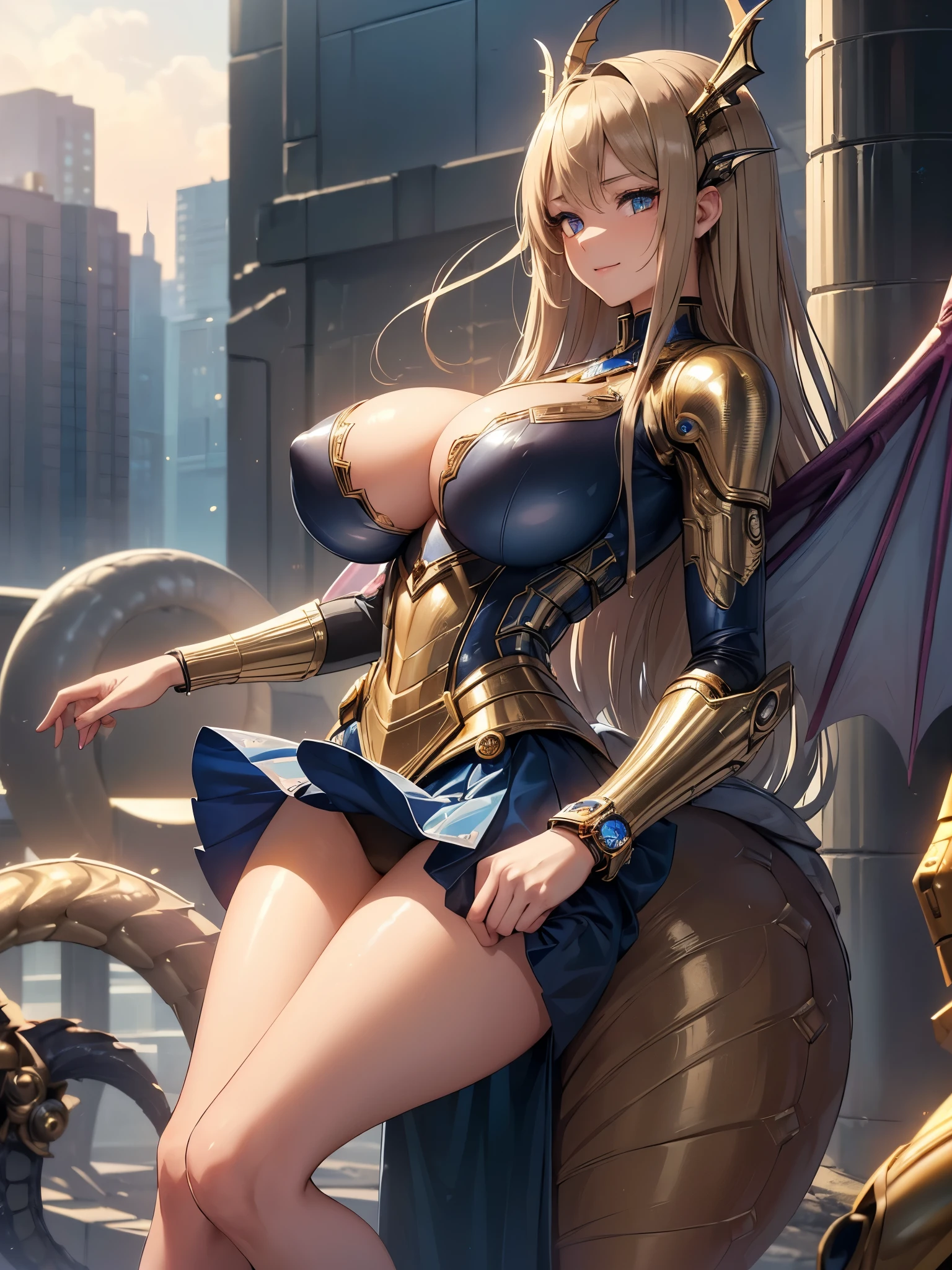 (((masterpiece))), (((best quality))), ((ultra-detailed)), (illustration), ((an extremely delicate and beautiful)), ((super detail)), ((high resolution)), (((20 years old))), metallic cloth, (dragon lady), (android), ((mechanical wings)), delicate metal decorations, gleaming skin, shiny body, two legs, breast focus, (((tall))), slender legs, ((big round eyes)), cute eyes, drooping eyes, ((adult)), two hands, five fingers, no extra hands, elegant smile, braid, medium length hair, ((metallic blue)), (see-through), (dark blonde), (ultra-huge breasts), (((safe for watch))), (shining brightly), outdoor, mini skirt, city, daytime, ((biopunk)),