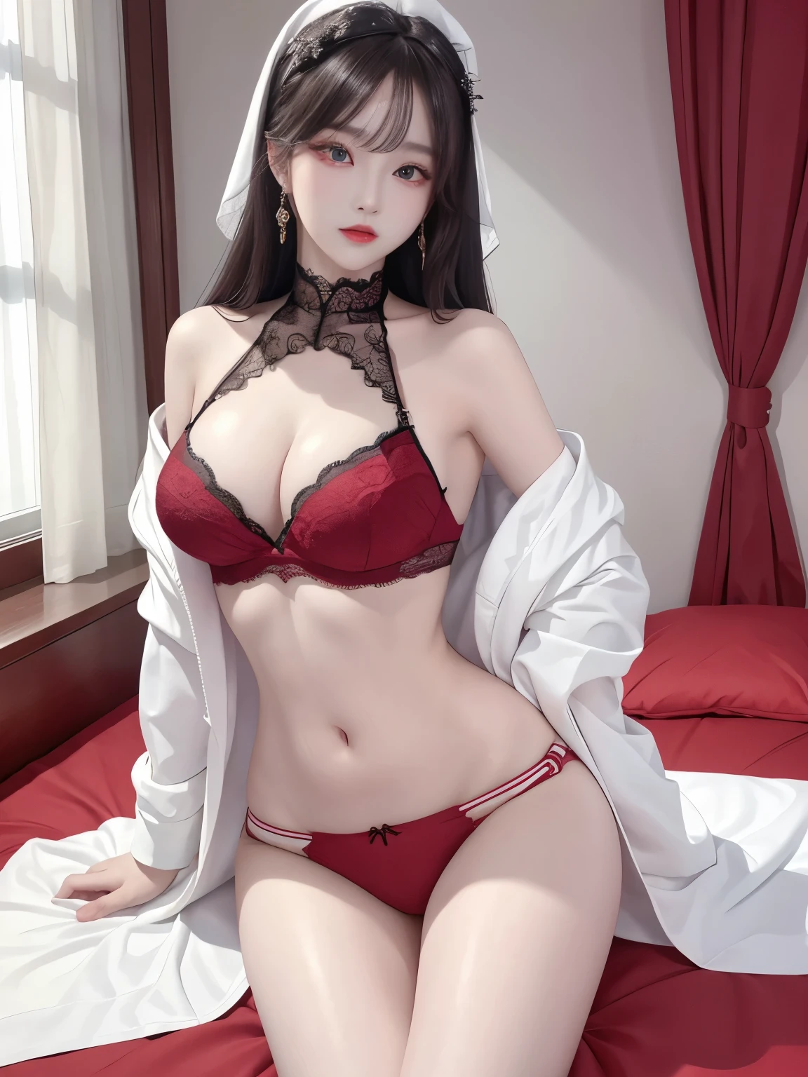 Top image quality、Raw photography、A high resolution、20-year-old cool Korean、big round chest、y red lace underwear、Beautiful Eyes of Details、very elongated eyes、Beautiful eyelashes、Beautiful double eyelids、eyeshadows、 long legs,medium thighs, beautiful eyes finely detailed、elongated eyes、long eyeslashes、Beautiful double eyelids、eyeshadows、earrings、shiny white skin、 silk jacket,