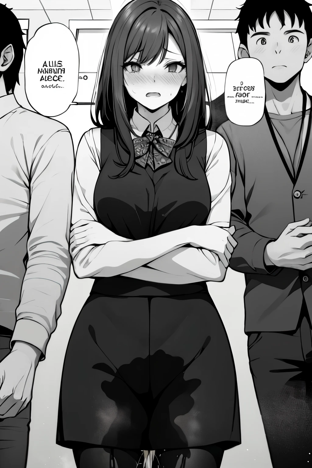 A woman with long black hair, wearing a business outfit consisting of a suit, pencil skirt, and pantyhose, stands in a monochrome setting. The artwork is inspired by manga and incorporates a doujin style. The woman appears to be (wetting herself:1.5), which causes her to feel embarrassed and humiliated, resulting in a blush on her face. In addition, there is an air of anger in her expression. The lighting in the scene is moody, with a spotlight highlighting the woman's figure. She is crossing her arms, (arms crossed:1.5), fully showcasing her skirt., medium breasts