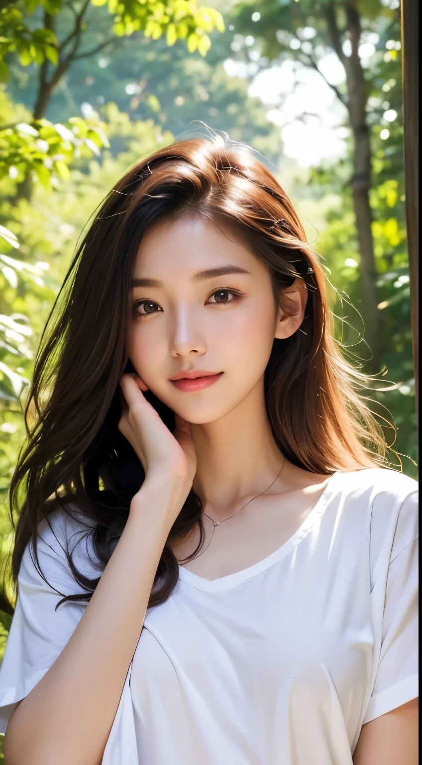 ((Asians in the forest at night)), Beautiful, slender, Cute, 30s, Beautiful face, Beautiful skin, actress, Mature, Upper body, light brown hair, Fine hair, Live action, masutepiece, Best Quality, Very elaborate CG Unity 8K wallpaper, Ultra high definition, Casual Fashion, Lighting, Summer Fashion, (Natural brown hair: 0.8), (Puffy eyes), looking at audience, Turn around, Bleach Hair, model poses, White background, Delicate skin type, Fine curly hair, Hands around the mouth, White T-shirt, Hair model photography, A smile、