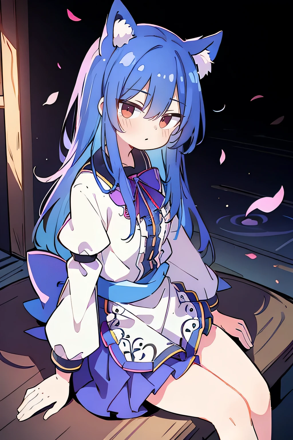 (masterpiece:1.2),ultra-detailed,realistic,expressive eyes,fair-skinned,perfectly shaped face,1girl,
Japanese cartoons,Gorgeous blue hair, flowing blue hair,floating clothes,cat ears,petals falling,beautiful Lola,Hina Angel,
hands on waist,gracefully sitting on the ground,legs crossed,gentle and serene background,cool and comfortable pavilion,ht ,smile.