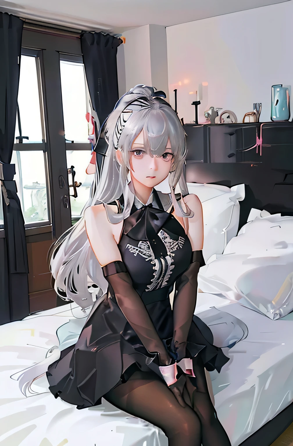 (((1 girl)),Ray Tracing,(Dim lighting),[Detailed Background (Bedroom)),((Silver Hair)),((Silver Hair)),(Fluffy Silver Hair, Plump and slender girl)) Raised ponytail)))) Avoid blonde eyes in the ominous Bedroom ((((Girls、She wears intricately embroidered black high-waisted pants and pantyhose.。) White frilly ribbon gloves), Showing off a delicate, slim figure and graceful curves, Correct limbs, Sitting on the bed、8K、Perfect female body、Red line clothes、8K、High quality、Naughty fashion、Big Breasts、Eros、Lingerie、Pink outfit、bikini