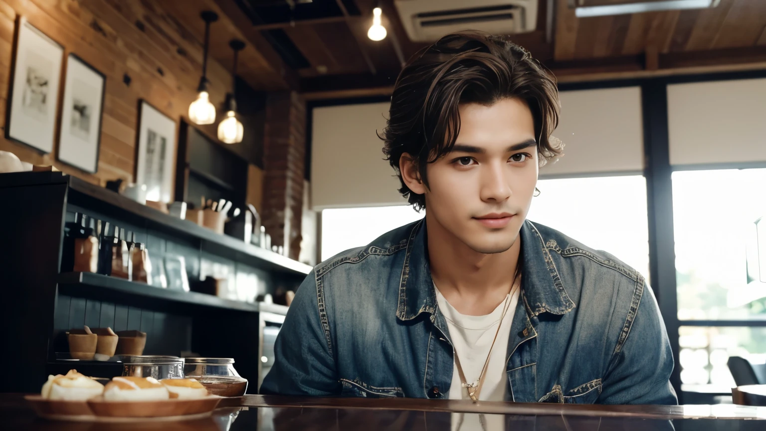 musician、A refreshing, handsome man in his 20s、（Super cool S-class boys）、Japan male, 20 years old、、Photographed inside the cafe、a handsome guy、（CG Unity 8K high resolution photo）、（Very detailedＳクラスのa handsome guy性）、（Photorealistic）、（highest quality））、Very detailed、super high quality、expensive、Audience、kind person、Very beautiful hair　Perm Hair、Bright photo、Handsome like a model、Handsome like an idol、looking at the camera、Inside a stylish cafe、Stubble