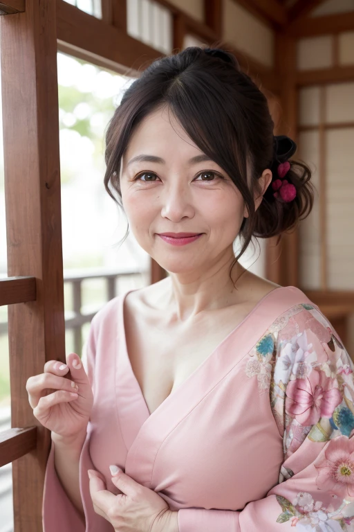 ((Japanese Mature)), ((55 years old:1.4)), ((old woman:1.3)), Detailed eyes and face, Long eyelashes, Beautiful Lips, Feel the warmth and elegance, There are fine wrinkles, A light smile, Mystical Eyes, Expressive eyes, Clean skin, A look full of experience and knowledge, Demeanor that is graceful and confident, kimono, Beautiful hair ornaments, Pale pink cheeks, Soft Light, pale pink wall, High quality shooting, Vibrant colors, Bokeh effect, Delicate depiction、whole body short hair, Low Ponytail, Red lipstick sexy Nipples