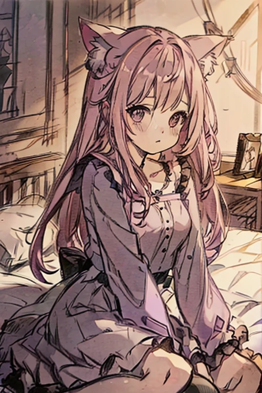 A pink haired woman with violet eyes with an hourglass figure in a gothic rockabilly dress is holding a black dog on a bed
