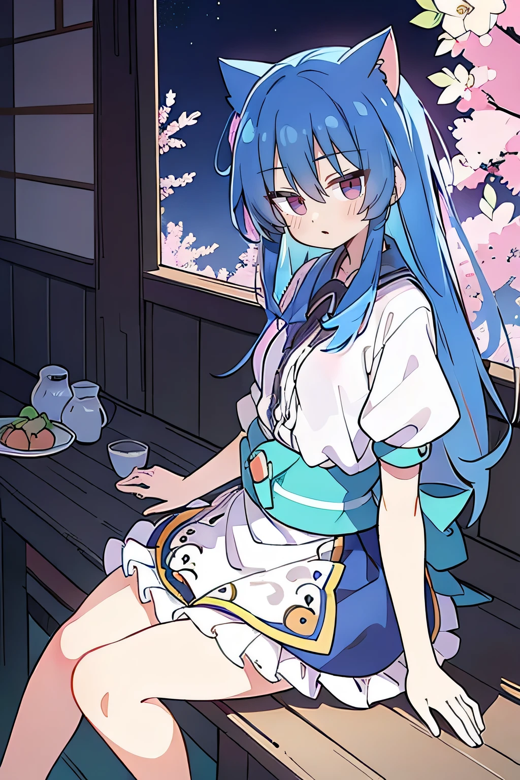 (masterpiece:1.2),ultra-detailed,realistic,expressive eyes,fair-skinned,perfectly shaped face,1girl,
Japanese cartoons,Gorgeous blue hair, flowing blue hair,floating clothes,cat ears,petals falling,beautiful Lola,Hina Angel,
hands on waist,gracefully sitting on the ground,legs crossed,gentle and serene background,cool and comfortable pavilion,night ,smile.