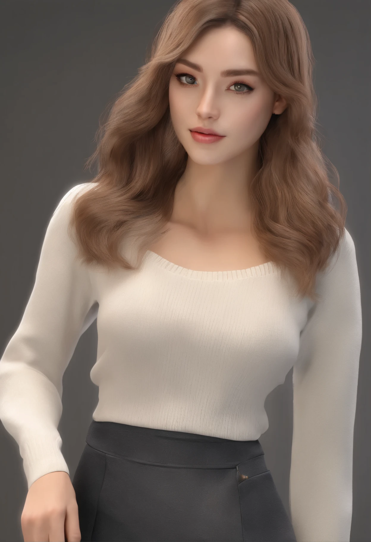 (8k, masterpiece, best quality, Solitary, SFW), ((September Carino)), (portrait, turtleneck sweater, skirt), looking at camera, Eyeliner, Eyeshadow, Simple dark background,