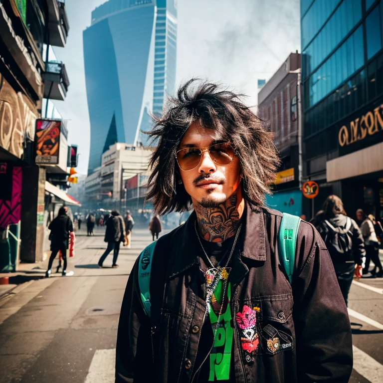 Upper body portrait, Man with tattoos、Street style icon々しいエッsense, Filled with rebellious energy, Wearing an oversized flannel shirt, Vibrant graffiti background, Edgy fashion, sense, A confident gaze, Colorful Hair, Rays of light streaming through the fog grunge rock Long Hair