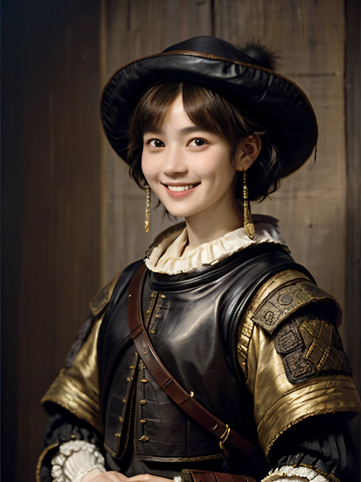 221 Short Hair, 20-year-old woman, A kind smile, (Luxurious stables), (Rembrandt-style painting), (Focus on the face, Written boundary depth)