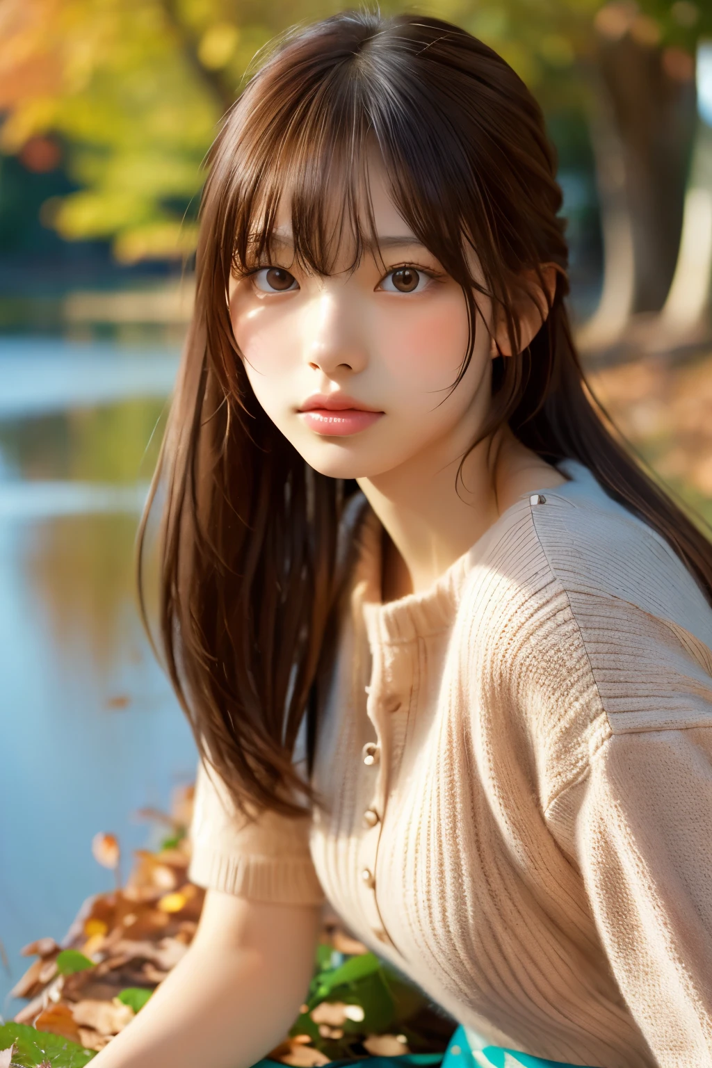 (((masterpiece))), highest quality, Very detailed, Detailed Background, 18mm wide lens, Long Shot, Quiet lakeside bench in the woods, Sitting, Very beautiful girl in the distance, Japanese, , Detailed face, bangs, (whole body:1.3), (Random Hairstyles :1.2), (Young Face), (Perfect body:1.1), blouse, skirt, autumn, In 8K, wallpaper, wonderful, In detail, Very detailedな, 超A high resolution, Very detailed, Sexy face, Very detailedな目と顔, Beautiful fine details, Very detailedな肌, No makeup, (Natural Skin),