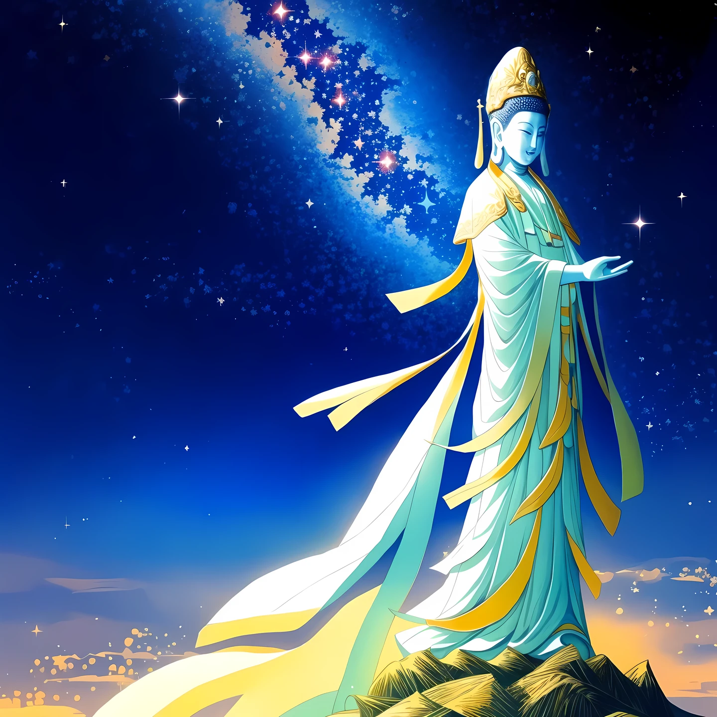 ((best quality)), ((masterpiece)),((guanyin)),(1girl,smirk),starry sky