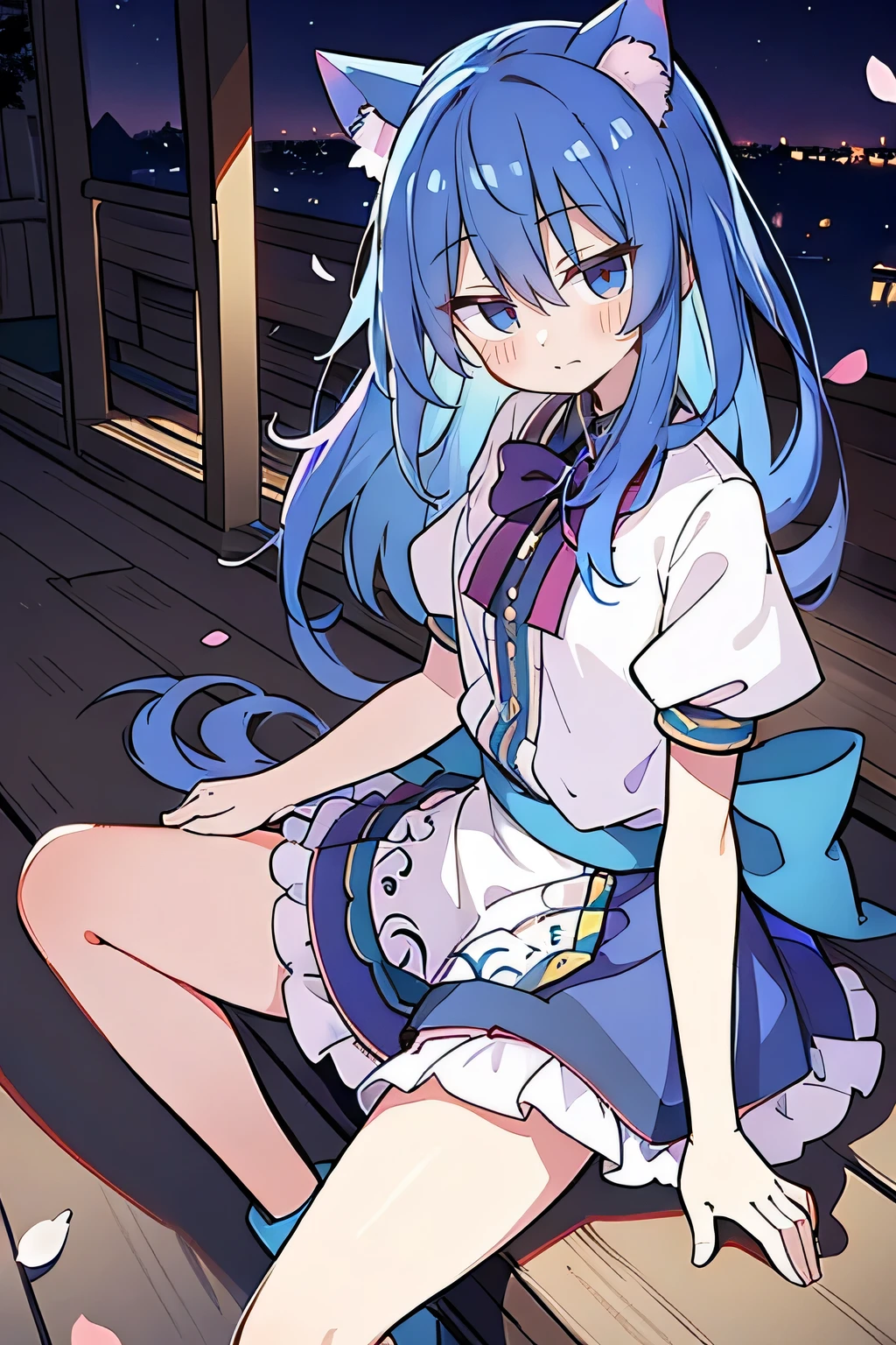 (masterpiece:1.2),ultra-detailed,realistic,expressive eyes,fair-skinned,perfectly shaped face,1girl,
Japanese cartoons,Gorgeous blue hair, flowing blue hair,floating clothes,cat ears,petals falling,beautiful Lola,Hina Angel,
hands on waist,gracefully sitting on the ground,legs crossed,gentle and serene background,cool and comfortable pavilion,night ,smile.