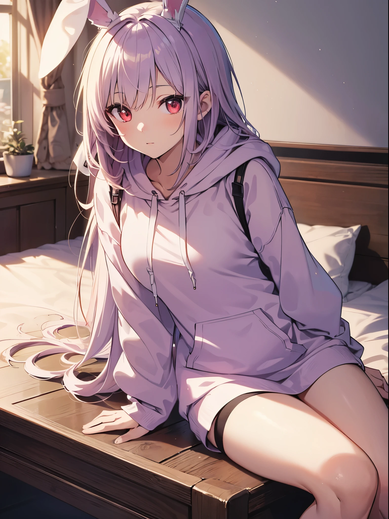 Realistic,highest quality, Ultra Detail, High-quality CG rendering, The most delicate and beautiful, Floating softly, High resolution, (1 girl), (Highest quality,4K,8K,masterpiece:1.2), Light purple hair,Rabbit,Bunny ears,(Long Hair:1.2),Red eyes,(White oversized hoodie:1.3),Inside the room,bed,(bedで横たわる:1.4),Falling,(Prone:1.5)