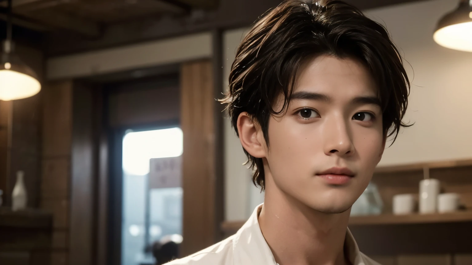 musician、A refreshing, handsome man in his 20s、（Super cool S-class boys）、Japan male, 20 years old、、Photographed inside the cafe、a handsome guy、（CG Unity 8K high resolution photo）、（Very detailedＳクラスのa handsome guy性）、（Photorealistic）、（highest quality））、Very detailed、super high quality、expensive、Audience、kind person、Very beautiful hair　Perm Hair、Bright photo、Handsome like a model、Handsome like an idol、looking at the camera、Inside a stylish cafe、Stubble