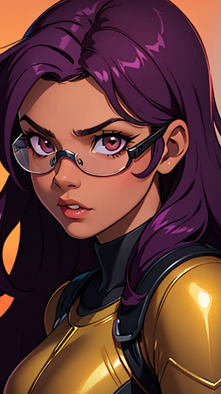 A cute girl with brown skin, sexy body, wavy purple hair [with shades of black], golden eyes (shiny), wearing mechanical goggles, ultra realistic eyes, with a pistol, jumping, with sniper outfit, Valorant Riot game, round face, realistic lighting, Radiosity, Close UP.