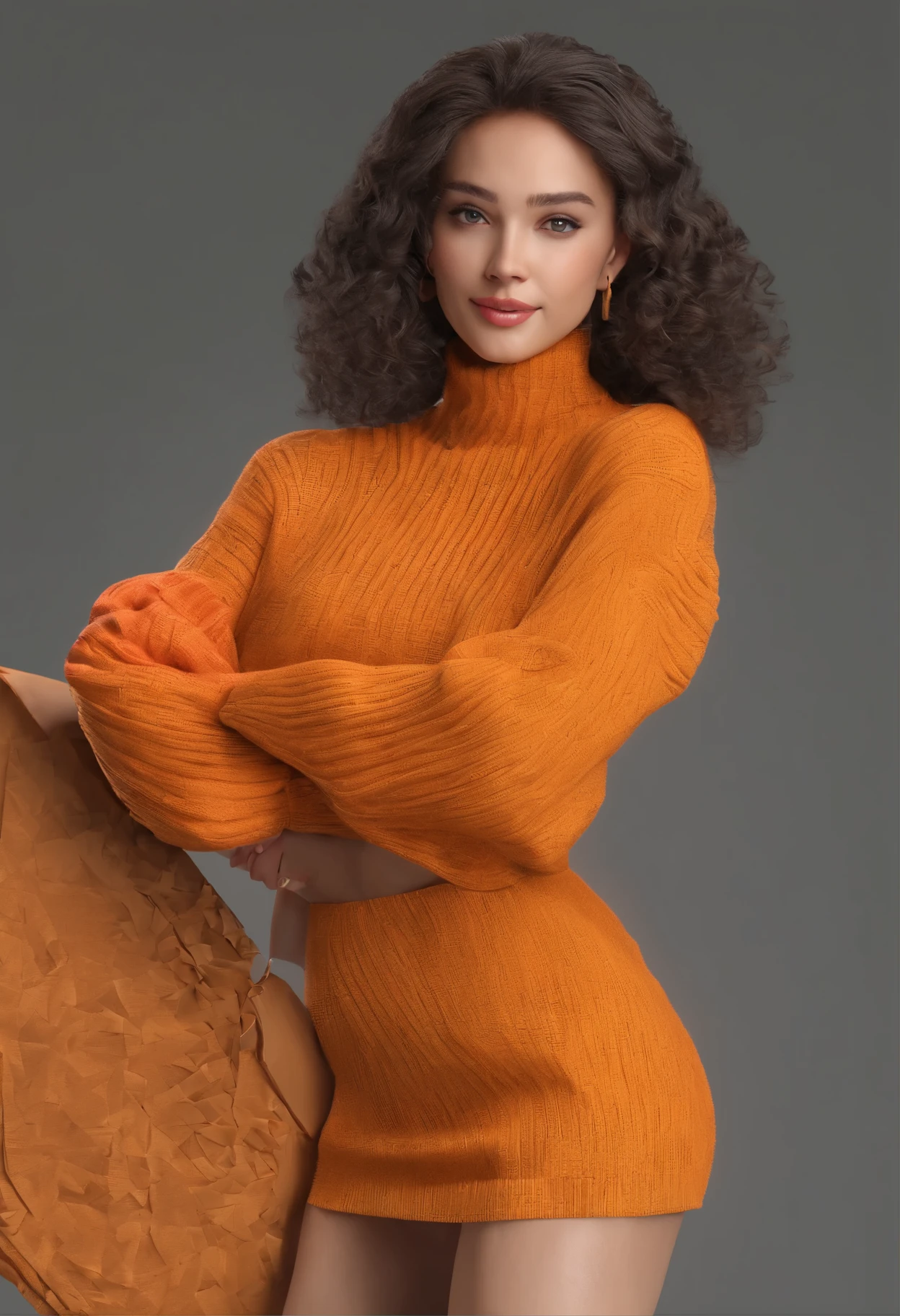 (8k, masterpiece, best quality, Solitary, SFW), ((September Carino)), (portrait, turtleneck sweater, skirt), looking at camera, Eyeliner, Eyeshadow, Simple dark background,