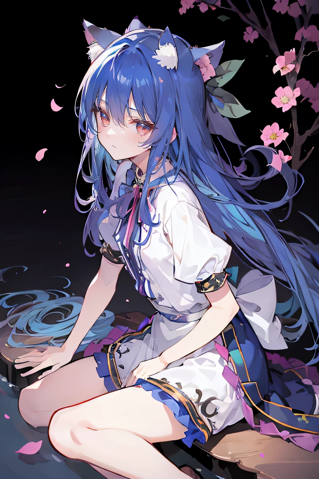 (masterpiece:1.2),ultra-detailed,realistic,expressive eyes,fair-skinned,perfectly shaped face,1girl,
Japanese cartoons,Gorgeous blue hair, flowing blue hair,floating clothes,cat ears,petals falling,beautiful Lola,Hina Angel,
hands on waist,gracefully sitting on the ground,legs crossed,gentle and serene background,cool and comfortable pavilion,night ,smile.