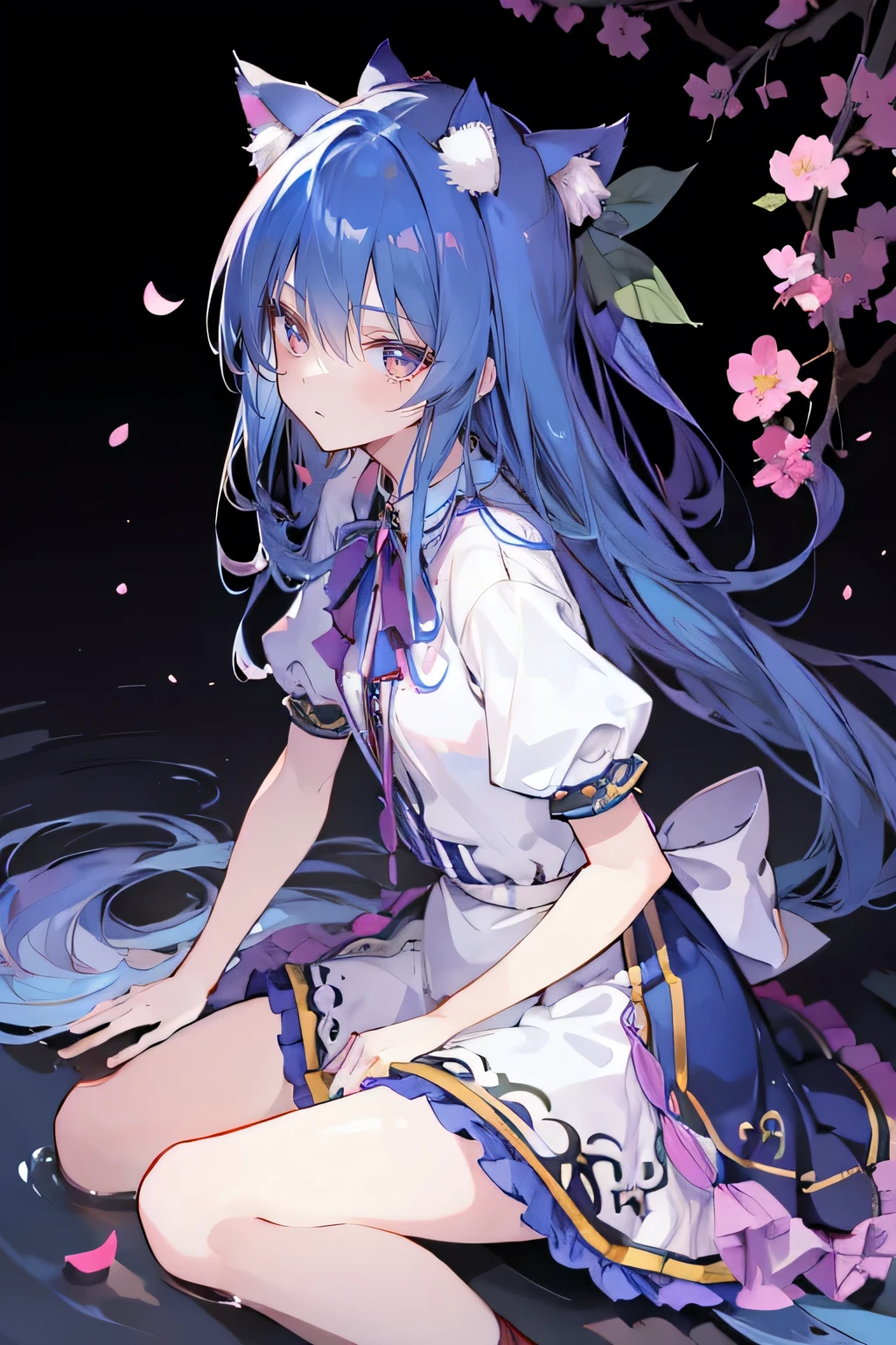 (masterpiece:1.2),ultra-detailed,realistic,expressive eyes,fair-skinned,perfectly shaped face,1girl,
Japanese cartoons,Gorgeous blue hair, flowing blue hair,floating clothes,cat ears,petals falling,beautiful Lola,Hina Angel,
hands on waist,gracefully sitting on the ground,legs crossed,gentle and serene background,cool and comfortable pavilion,night ,smile.