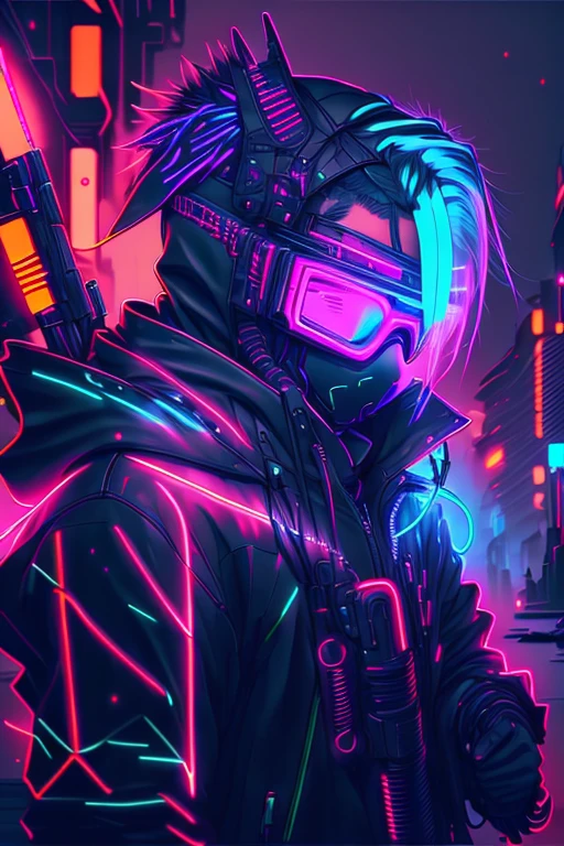 CyberpunkAI, neon, 1 boy, elf, neon hair, neon eyes, black leather jacket,sniper rifle, hood up, sneaking, mask, goggles