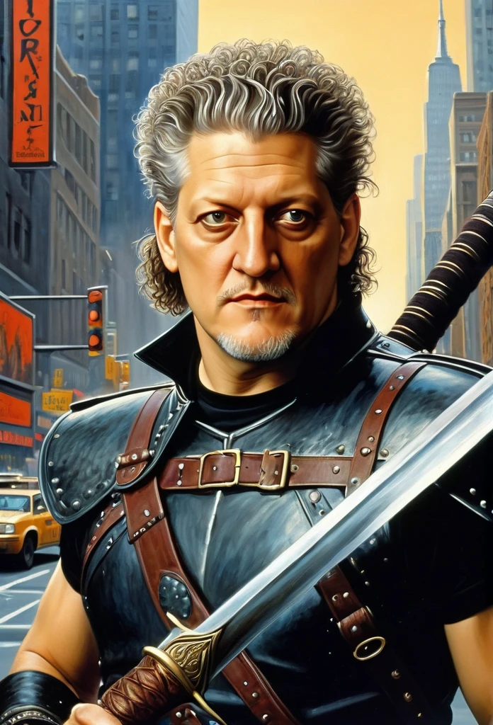 (((26 years old Clancy Brown))) as fit and burly Victor Kurgan with the 80's mohawk punk rock star hair style, the Immortal Highlander from Caucasian Kurgans, stands in a middle of New York City with his gigantic long sword waiting for someone to come, ultra sharp and crisp, oil on canvas painting in Don Lawrence art style