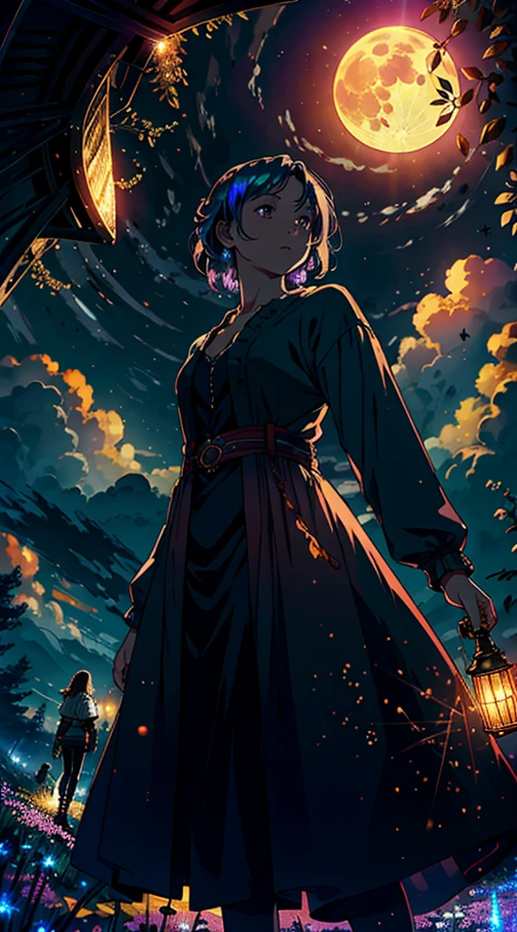 Expansive landscape photograph , (View from below,Displays the sky above and the clearing below), a girl standing on flower field looking up, (full moon:1.2), ( meteors:0.9), (Starcloud:1.3), Far Mountain, tree BREAK
production art, (Warm light source:1.2), (Firefly:1.2), lamp lights, lots of purples and oranges, Intricate details, Volumetric lighting BREAK
(Masterpiece:1.2), (Best quality), 4K, Ultra-detailed, (Dynamic composition:1.4), Highly detailed, Colorful details,( Iridescent colors:1.2), (luminouslighting, Atmospheric lighting), Dreamy, magical, (Solo:1.2)